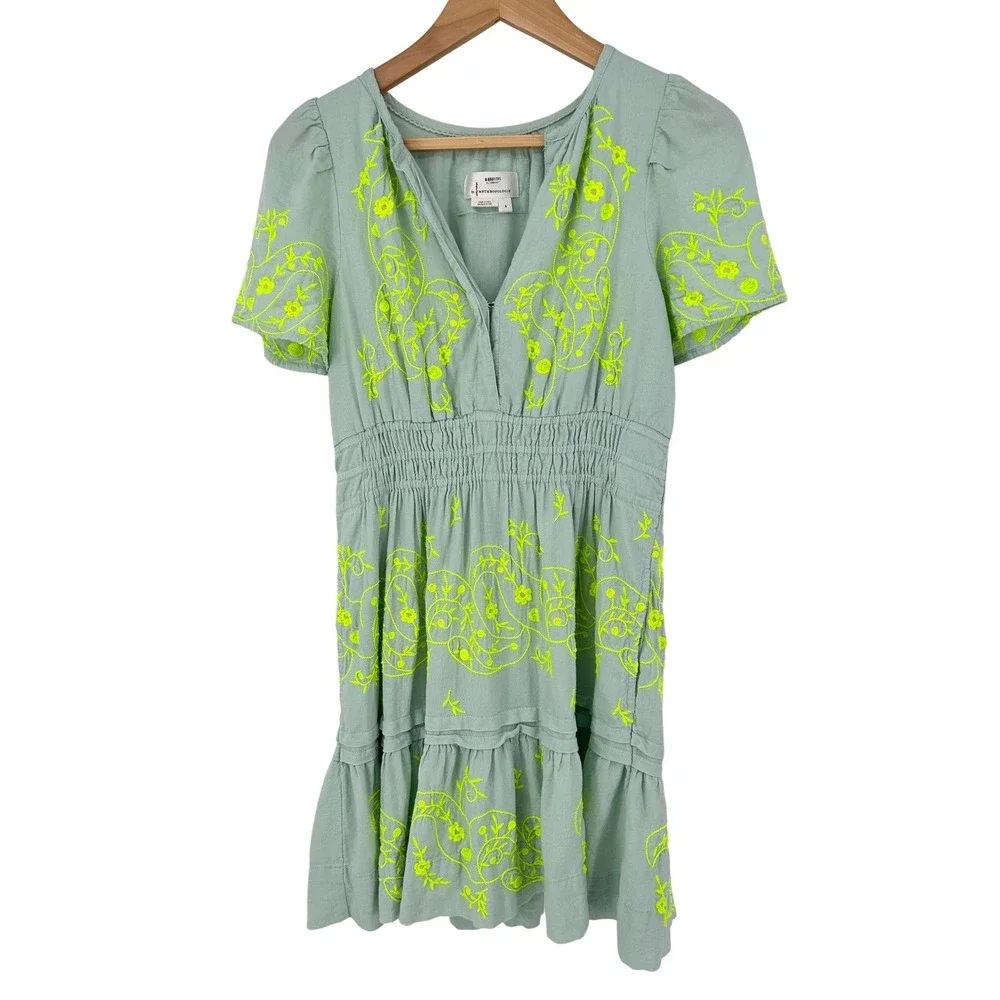 Anthropologie Somerset Mini Dress Small Linen Blend Mint Embroidered - Picture 2 of 7